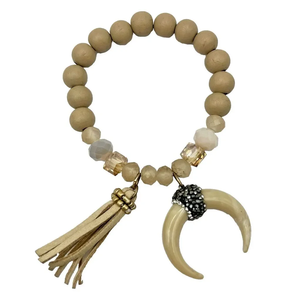 Boho Chic Beaded Bracelet Wood Crystals Stone Tassels Stretch Women's Bohemian